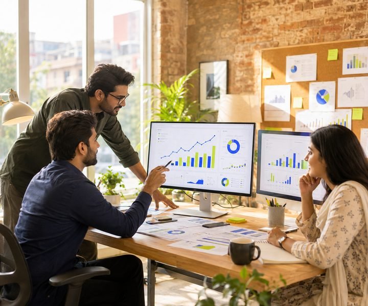 Marketing team reviewing campaign results for a Karachi business